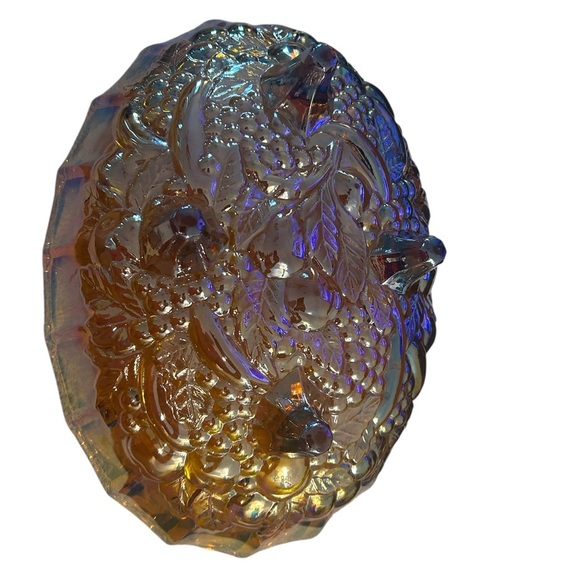 Vintage Indiana Amber Carnival Glass Footed Bowl - Fruit Pattern - Picture 5 of 10